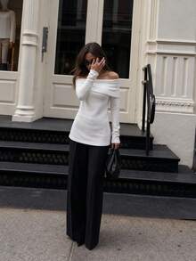 HoloChill Women's Young Influencer Casual Style White Off-Shoulder Knit Pullover, Long Sleeve Ribbed Knit Top, High Elastic Fabric, Casual Wear Pullover Fall Casual 2026 New Arrival Fall Sweater, Women's Elegant Outfit For Going Out, Back To School Homecoming Fall/Winter French - White - View 9