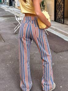 Multi-Color Vertical Striped Straight Leg Jeans, Street Casual Women's Versatile Fashion - Multicolor - View 7