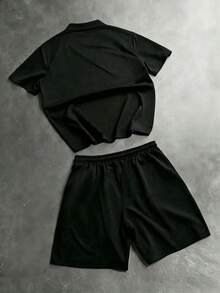 Men's Zipper Special Cut Short T-Shirt Set, Casual Pure Black Outfit, Suitable For Daily Wear And Outdoor Sports - Black - View 5