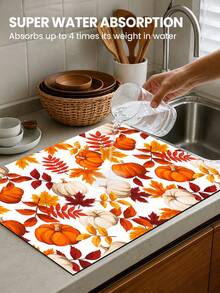 1pc, Dog & Pumpkin Pattern Diatomaceous Earth Kitchen Drain Mat, Absorbent Dish Drying Mat, Coffee Machine Mat, Dishwashing Mat, Sink Mat, Kitchen Countertop Protector, Suitable For Cups, Plates, Tableware & Kitchen Decor - Multicolor - View 9