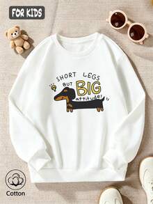 Cotton Round-Neck Pull-Over Sweatshirt For Girls, Loose Fit For Autumn And Winter, Featuring A Cartoon Dachshund Print, In A Cute And Sweet Preppy - White - View 1