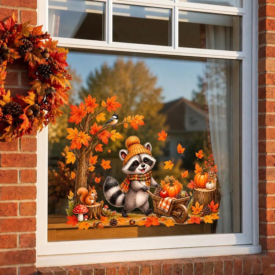 Autumn Window Clings, Cute Raccoon Pumpkin Maple Leaf Window Stickers, Fall Season Static Cling Glass Decals, Thanksgiving Harvest Window Decor For Home - Autumn Window Decals - View 1