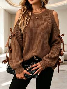 Sweater Lengan Panjang Model Bahu Terbuka dengan Kerah Bulat dan Pita, Warna Polos Ukuran Besar, Kasual - Coklat - View 1