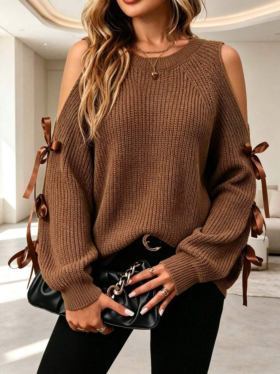 Sweater Lengan Panjang Model Bahu Terbuka dengan Kerah Bulat dan Pita, Warna Polos Ukuran Besar, Kasual - Coklat - View 1