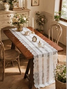 1pc Floral Lace Table Runner Vintage Wavy Edge Hollow Out Table Cloth Wedding Dining Table Decor Coffee Table Cover - White - View 12