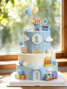 1pc Blue Bear Theme Cake Topper, Rocking Horse Train Blocks Decoration, Baby Birthday Dessert Table Accessory, Baby Shower Decoration - Multicolor - View 8