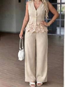LUNNELUX Women's 2 Pieces Fall Set Top, French Elegant Vacation Back To School Casual Outfit Brown Summer - Brown - View 4