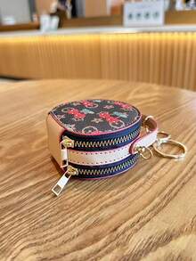 1pc New Fresh Floral Print Mini Round Handbag With Metal Chain, Crossbody Storage Pouch With Zipper And Key Ring, Cute Versatile Creative Mini Bag For Girls, Can Be Carried Alone Or Hung On Large Bag - Apricot - View 4