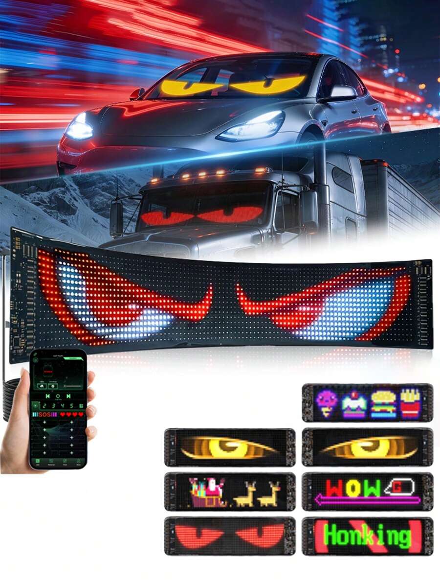 1 Set Flexible LED Windshield Display Screen For Car, Dynamic Flashing Demon Eye Effect, APP Control, USB Powered, Customizable Special Effects, No Battery Required