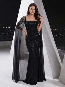YISIKADO Rhinestone Chiffon Shawl Sequin Formal Evening Gown Wedding Party Banquet Elegant Women's Dress - Black - View 1
