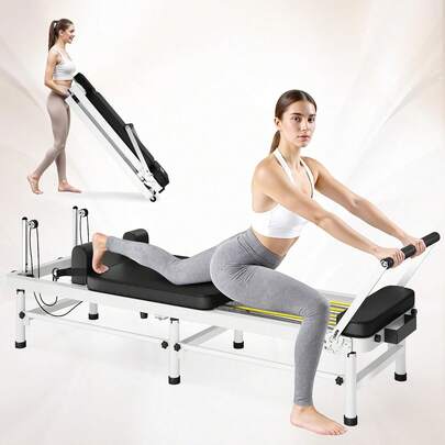 Foldable Pilates Reformer Machine For Home Gym, Three In One Pilates Workout Equipment With Adjustable Springs And Resistance Cords, Full Body Strength Training Fitness Station, Compact Foldable Design