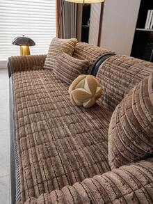 1pc Thickened Plush Striped Sofa Cushion, Machine Washable & Hand Washable, Scratch-Resistant, Pet-Friendly, Soft & Delicate Texture, Furniture Protector Cover For Living Room & Bedroom, Suitable For 1-Seater, 2-Seater, 3-Seater, 4-Seater Sofas - Brown - View 7