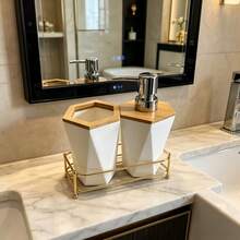 3 Piecesminimalist Black And White Geometric Bathroom Accessory Set, Bamboo Decorative Soap Dispenser, Toothbrush Cup With Trays, Modern Dressing Tables, Countertops, Home Bathroom Decorations - Multicolor - View 6