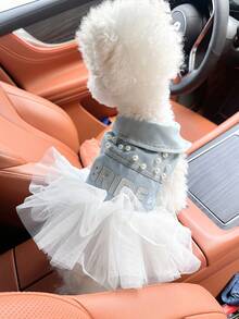 PETCIRCLE 1PC Pet Clothes Small Dog Puppy Cute Pet Collar Design Letter Pearl Puff Skirt Bridal Dress - Blue - View 1