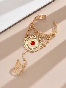 1pc Middle Eastern Fashion Gothic Style Hollow Linked Finger Bracelet, Random Quantity Of Chain And Beads - Golden Yellow + Red - View 2