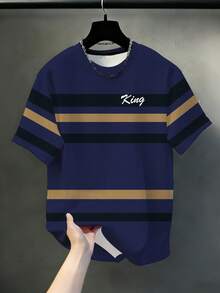 Plus Size Men's Navy Blue Base Black & Gold Contrast Wide Horizontal Striped Crew Neck Short Sleeve T-Shirt, Plus Size Men's T-Shirt Sports Summer - Royal Blue - View 3