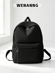 Simple Solid Color Backpack, Casual And Versatile, Zipper Design, Lightweight And Easy To Carry, Suitable For Students. This Fashionable Shoulder Bag Features A Solid Color Design, Suitable For Women Of All Ages, With Large Capacity, Portable And Lightweight, Suitable For Both Men And Women. It Is An Ideal Choice For Office, University, School, Middle School, High School, Work, Business, Commuting, Sports Venues, And Other Occasions. - Black - View 1