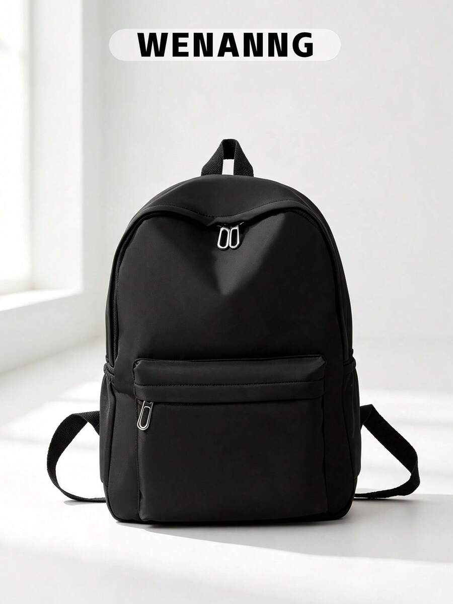 Simple Solid Color Backpack, Casual And Versatile, Zipper Design, Lightweight And Easy To Carry, Suitable For Students. This Fashionable Shoulder Bag Features A Solid Color Design, Suitable For Women Of All Ages, With Large Capacity, Portable And Lightweight, Suitable For Both Men And Women. It Is An Ideal Choice For Office, University, School, Middle School, High School, Work, Business, Commuting, Sports Venues, And Other Occasions. - Black - View 1