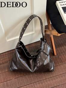 Dedoo Women's Tote Hobo Bag, Solid Color Soft PU Leather, Rivet Hole Wide Strap, Large Capacity, Cool Motorcycle Style, Autumn/Winter Daily Commute - Coffee - View 6