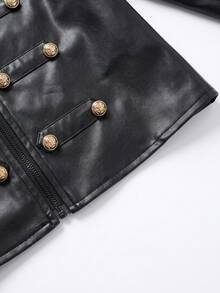 Tween Girl Fashionable Napoleon Style Cropped Leather Jacket With Metal Double-Breasted Decorative Buttons, New Arrival, All-Season Versatile For Daily Wear , Back To School Essential - Black - View 5