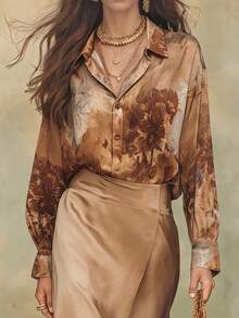 Women's Autumn Outfit, Business Casual Women's Clothing, Women's Autumn Wear, Spring/Autumn Women's Shirts, Vintage Floral Print Long Sleeve Turn-Down Collar Button-Up Blouse, Slimming Business Casual, Suitable For Commute/Holiday/Teacher's Day, Halloween Women's Clothing, Women's Vacation Wear - Brown - View 2