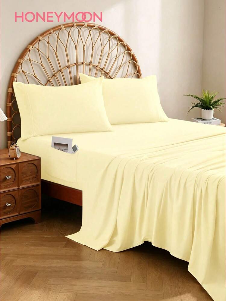 HONEYMOON 1pc Solid Color Fitted Sheet With Side Pocket, 100% Polyester Fabric Lightweight Bedding Mattress Cover, Fits 9-12 Inch Deep Pocket, Soft & Breathable, Shrink-Resistant, Suitable For Home And Dorm All Sizes, Light Yellow - Light Yellow - View 1