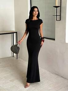 Women's Autumn Solid Color Basic Backless Dress Elegant Dress Party Date - Black - View 4