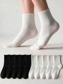 10 Pares de Meias Esportivas Femininas de Cano Médio, Respiráveis e de Cor Sólida para o Verão - Preto e Branco - Visão 1