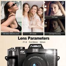 NBD 4800万像素4K数码相机，3.0英寸翻转屏，适合Vlog拍摄，广角镜头和16倍数码变焦，内置闪光灯，自拍和夜景模式，多镜头套装和外置麦克风，非常适合初学者（包含32GB SD卡+2块电池） - 查看 6