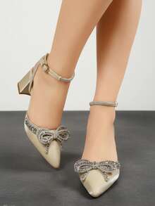 Rhinestone Bow Ankle Strap Backless Pumps, Plus Size Women's Pointed Toe Chunky Heel Party High Heels - Gold - View 7