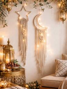 2pcs Handmade Crochet Lace Star Moon Dream Catcher Wall Hanging, Boho Style Home Decor Wall Art, Suitable For Home, Wedding, Living Room, Bedroom, Holiday Gift (Lights Not Included) - Beige - View 9