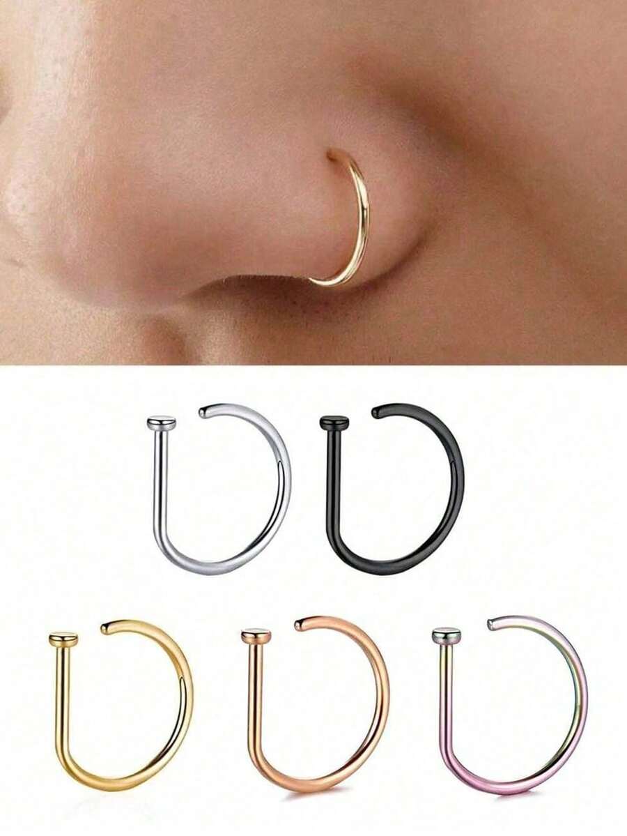 3pcs 316L Stainless Steel Hypoallergenic C-Shaped Nose Rings, Multi-Color Screwless Piercing Jewelry, Unisex, Minimalist Punk Style For All-Season Daily Wear - Multicolor - View 1