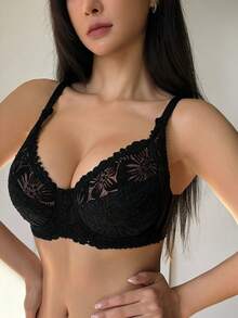DAZY 女士蕾丝拼布提花波浪形钢圈聚拢文胸 - 黑色 - 查看 5