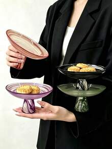 1pc Cloud Mist High Foot Tray, INS Style Gradient Asymmetrical Pattern Cloud Mist Glass High Foot Dessert Plate, Fruit Snack Bowl, Home Afternoon Tea Snack Dish - Multicolor - View 1
