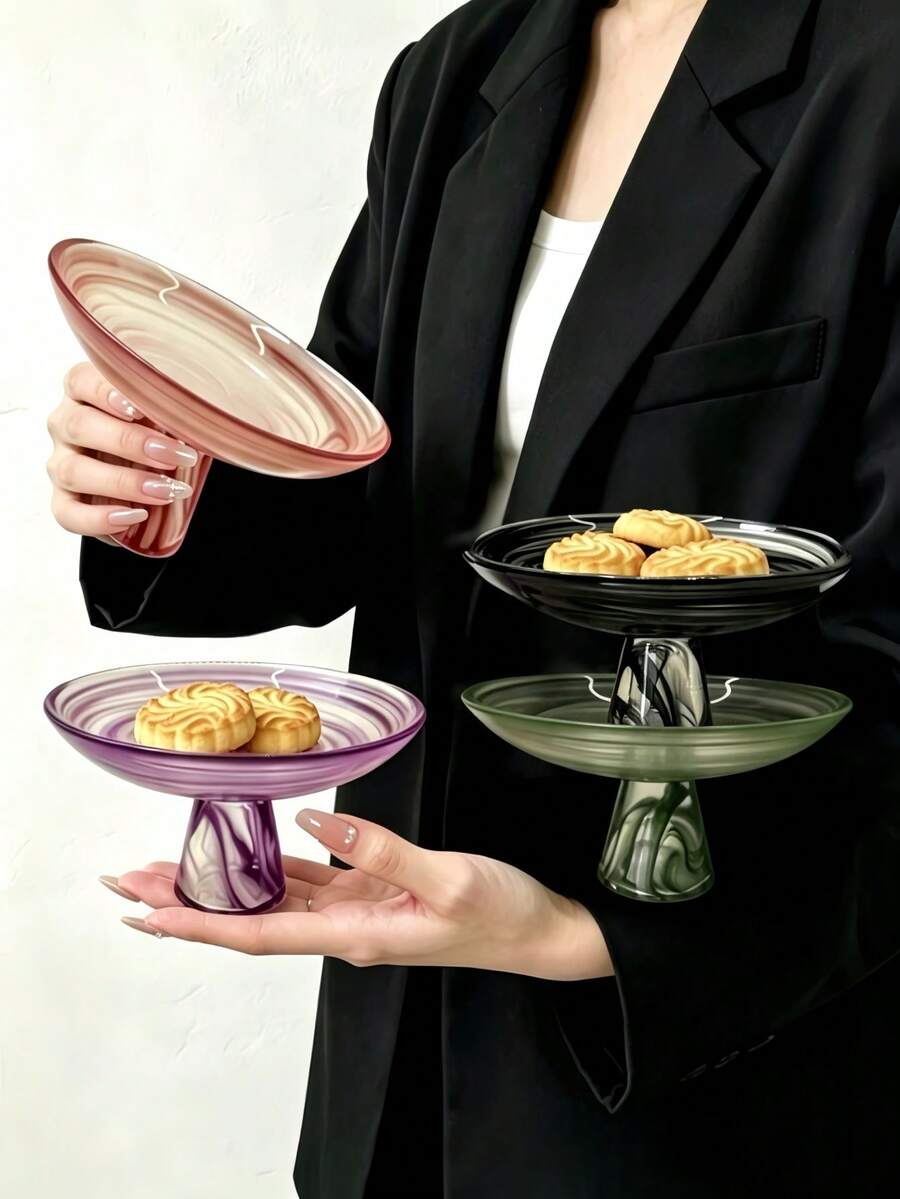 1pc Cloud Mist High Foot Tray, INS Style Gradient Asymmetrical Pattern Cloud Mist Glass High Foot Dessert Plate, Fruit Snack Bowl, Home Afternoon Tea Snack Dish - Multicolor - View 1