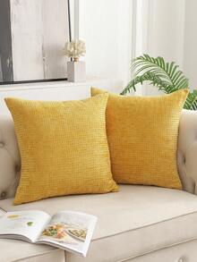 1pc Mustard Yellow (Pillow Core Not Included) Grid Weave Style Cushion Cover, Modern Bohemian Thick Chenille Soft Pillowcase For Sofa Bed Living Room Farmhouse Decor, All Seasons - Mustard Yellow - View 1