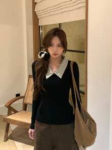 Sweet Style Patchwork Striped Polo Collar Cable Knit Sweater, Slim Fit Flattering Inner Layer Base Top For Women, Autumn/Winter - Black - View 3