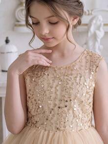 少女優雅蝴蝶結花童禮服公主長裙，適合女孩婚禮派對、生日宴會、舞會及重要場合 - 香檳色 - 查看 7