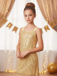 Tween Girl Spaghetti Strap Sequin Fringe Latin Dance Dress Performance Costume Party Dress - Yellow - View 4