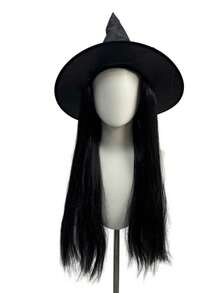 Black Long Straight Synthetic Wig With Attached Witch Hat, Classic Wizard Hairstyle For Halloween Cosplay Party Fancy Dress - Black - View 10