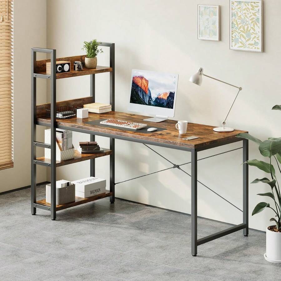 Schreibtisch mit 4-Tier Seitlichem Regal, 120 cm Breiter Computertisch mit Ablage, Stabil Bürotisch mit Metallgestell, Einfache Montage für Home Office - Bestickt Braun 140 x 56 x 120 cm - Übersicht 1