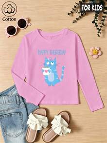 Girls Cotton Twill Long-Sleeved T-Shirt, Autumn/Winter Style, With A Blue Cat Print, In A Cute And Sweet Preppy Style - Light Wine Red - View 2