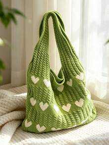Heart Jacquard Knit Woven Accessory Large Capacity Open Top Closure Storage Bag, Suitable For Daily Commute, School, Shopping, Travel, Leisure, Multi-Use Handheld And Shoulder Bag - Green - View 7