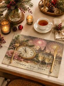 New Year Table Runner, Vintage Pocket Watch Fireworks Castle Champagne Glass Floral Print, Kitchen Dining Room New Year Holiday Tabletop Decoration Table Runner - Multicolor - View 5