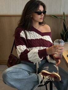 Women's Striped Cable Knit Sweater, Casual V-Neck Drop Shoulder Long Sleeve Pullover, Retro Colorblock Loose Fit Knit Top Fall - Burgundy - View 3