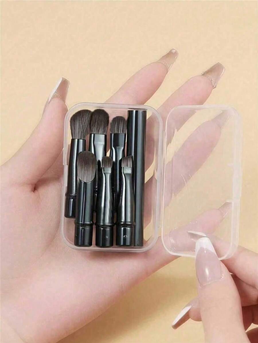 5/1 Pc Mini Travel Makeup Brush Set With Clear Box, Contour Brush, Concealer Brush, Eyeshadow Brush, Eyebrow Brush, Convenient For Travel, Soft And Multi-Functional To Meet Daily Makeup Needs - Black - View 1