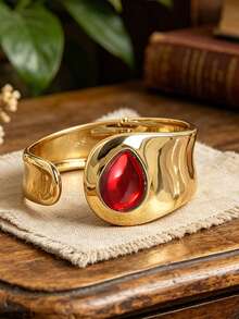 1pc European & American Punk Style Gold Polished Asymmetric Water Drop Open Wide Cuff Bracelet, Women's Luxury Niche High-End Elegant Bangle - Teardrop Bracelet - View 10