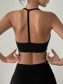 DAZY EMUPER 1pc Breathable Elastic Seamless Racerback Wirefree Sports Bra, Removable Pads - Black - View 1