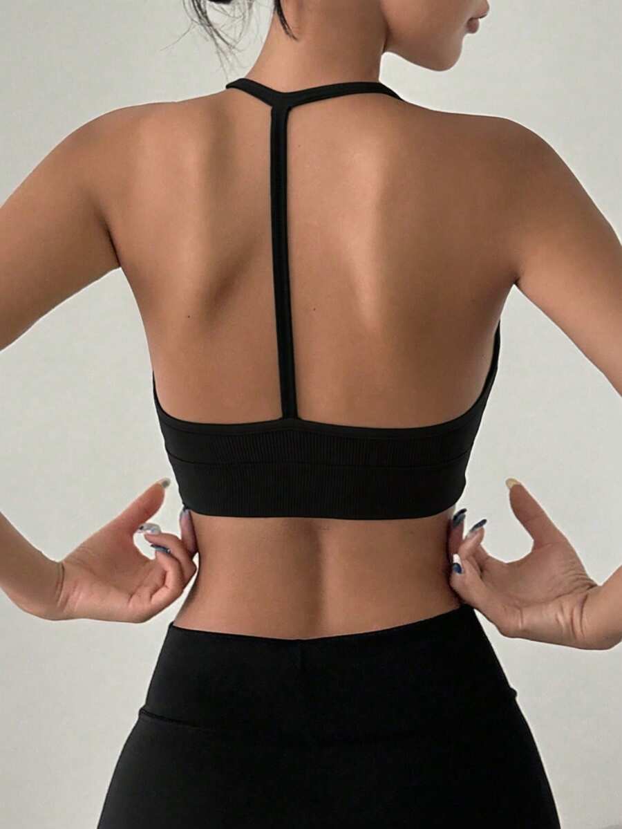 DAZY EMUPER 1pc Breathable Elastic Seamless Racerback Wirefree Sports Bra, Removable Pads - Black - View 1