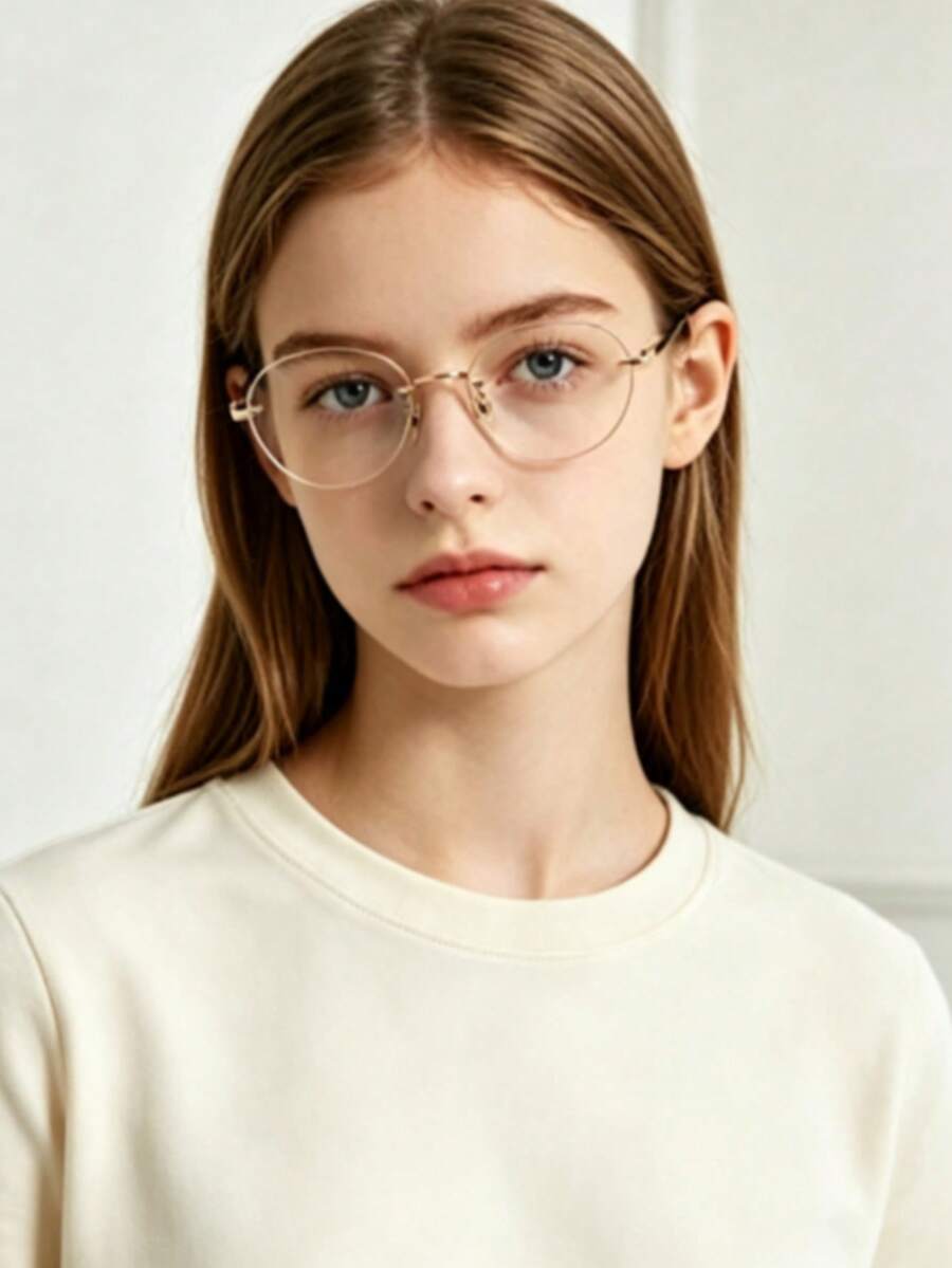 Rimless Oval Cut Edge Clear Lens Thin Gold Metal Frame Black Temple Tips Decorative Glasses For Teens - Clear - View 1